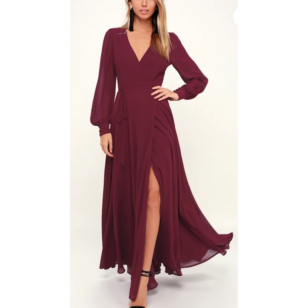 Lulus My Whole Heart Wrap Dress S Burgundy Long Sleeve Gown